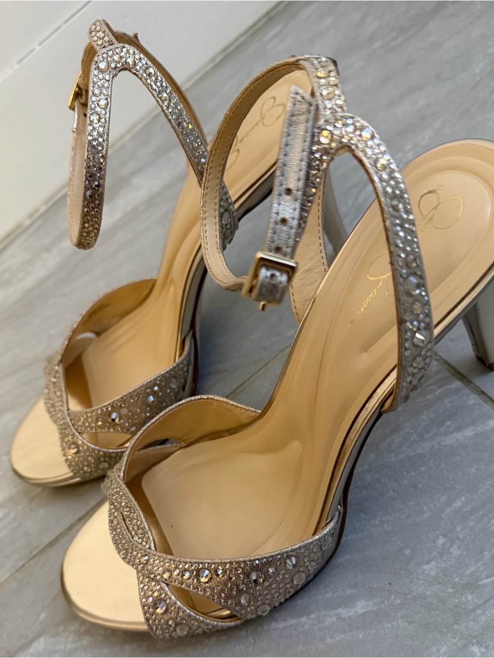 Jessica Simpson Crystal Embellished Strappy Heels - Champagne